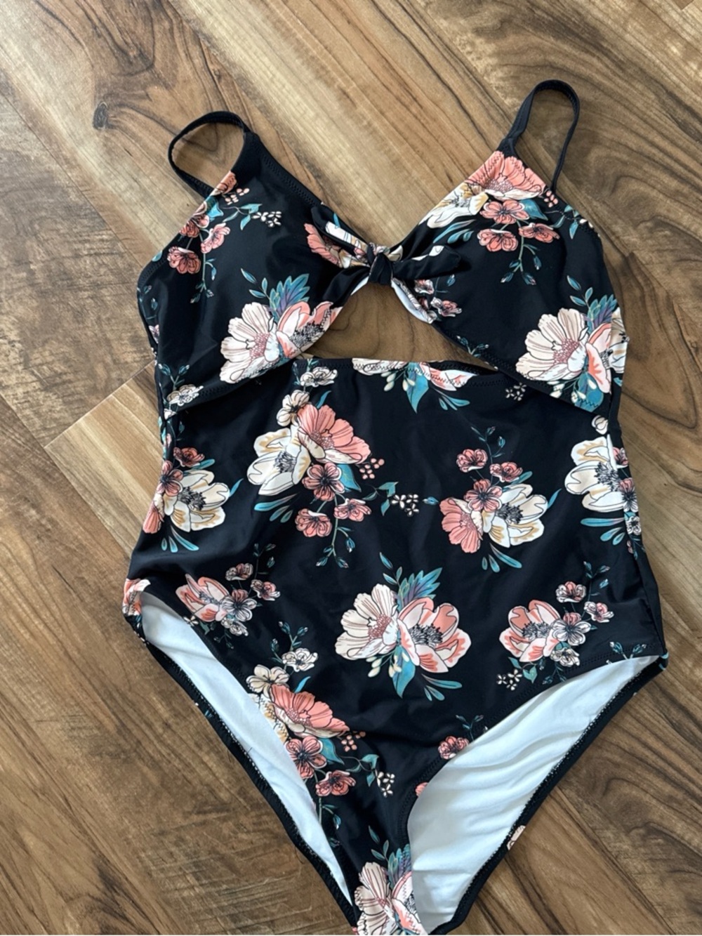 Cupshe Black Floral Cutout One-Piece Swimsuit with Pink & Cream Flowers